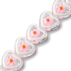 Blanc Brins de perles à chalumeau manuels, avec l'émail, coeur avec fleur, blanc, 12x12x7mm, Trou: 1.2mm, Environ 30 pcs/chapelet, 12.80'' (32.5 cm)