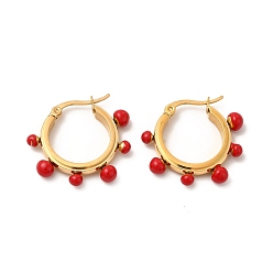 Doré  Boucles d'oreilles créoles perles rondes en émail rouge, placage sous vide 304 bijoux en acier inoxydable pour femmes, or, 26x27x5mm, pin: 0.8~1.4x0.7 mm