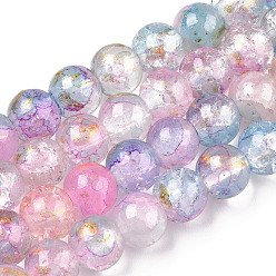 Pink Cuisson peint verre craquelé brins de perles, avec de la poudre d'or, ronde, rose, 6mm, Trou: 1.2mm, Environ 147 pcs/chapelet, 31.10 pouce (79 cm)