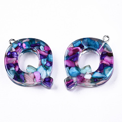 Letter Q Transparent Epoxy Resin Pendants, with Shell Slices and Loops, Alphabet, Letter.Q, 30x30x7mm, Hole: 1.6mm