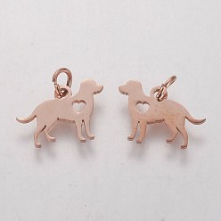 Rose Gold 304 Stainless Steel Puppy Pendants, Silhouette Charms, Dog with Heart, Rose Gold, 11x15x1mm, Hole: 3mm