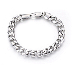 Stainless Steel Color 304 Stainless Steel Curb Chain Bracelets, with Bayonet Clasps, Stainless Steel Color, 8-5/8 inch(22cm), 10mm