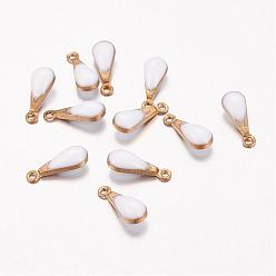 White Antique Golden Plated Brass Enamel Teardrop Charms, Enamelled Sequins, White, 11x4x3mm, Hole: 1mm