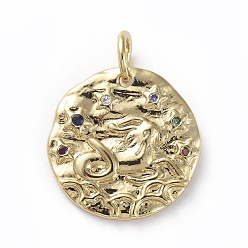 Capricorn Brass Micro Pave Cubic Zirconia Pendants, with Jump Rings, Flat Round, Constellation, Colorful, Golden, Capricorn, 14~15x2mm, Hole: 3mm