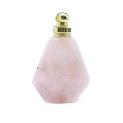 Quartz Rose Pendentifs de bouteille de parfum en quartz rose naturel, avec les accessoires en alliage de tonalité d'or, pour l'huile essentielle, parfum, bouteille de polygone, 35x23mm