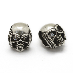 Thai Sterling Silver Plated Brass Micro Pave Grade AAA Cubic Zirconia Beads, Cadmium Free & Nickel Free & Lead Free, Skull, Clear, Thailand Sterling Silver Plated, 11x10x9.5mm, Hole: 3x6mm