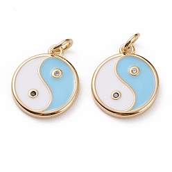 Light Sky Blue Brass Micro Pave Clear Cubic Zirconia Pendants, with Enamel & Jump Rings, Flat Round with Yin Yang, Real 18K Gold Plated, Light Sky Blue, 15x12.5x2mm, Jump Ring: 5x1mm, 3mm Inner Diameter