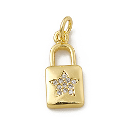 Real 18K Gold Plated Brass Micro Pave Cubic Zirconia Pendants, with Jump Rings, Lock with Star Pattern Charm, Real 18K Gold Plated, 16x7.5x2mm, Hole: 3mm 