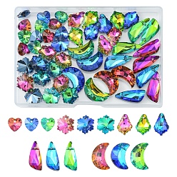Mixed Color 48Pcs 15 Style Glass Rhinestone Pendants, Heart & Snowflake & Teardrop & Leaf & Moon, Mixed Color, 14~22x9.5~13x4.5~7mm, Hole: 1.2~1.5mm