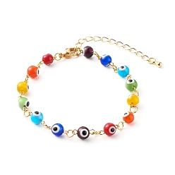 Coloré Bracelets de perles faits à la main au chalumeau mauvais œil, avec des chaînes en laiton de trottoir, colorées, 7.48 pouces (190 mm)