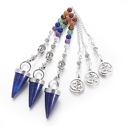 Lapis Lazuli Chakra Jewelry Natural Lapis Lazuli Cone Dowsing Pendulums, with Brass Finding and Alloy Chain, Antique Silver, 235~245x2.5mm