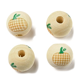 Citrouille Perles européennes en bois d'automne, perles imprimées à gros trous, ronde, citrouille, 16mm, Trou: 4mm