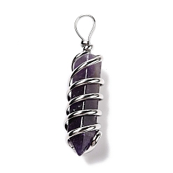 Amethyst Natural Amethyst Big Pendants, Eco-Friendly Copper Wire Wrapped, Platinum, Cadmium Free & Lead Free, Bullet, 54.5x14x13.5mm, Hole: 8mm