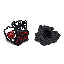 Roja Palabra café es mi tipo de sangre pin de esmalte, insignia de aleación médica para ropa de mochila, electroforesis negro, rojo, 34x33x1.5 mm, pin: 1 mm