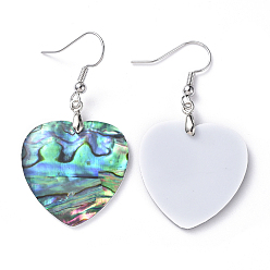 Platinum Abalone Shell/Paua Shell Dangle Earrings, with Brass Ice Pick Pinch Bails and Earring Hooks, Heart, Platinum, 47mm, Pin: 0.7mm