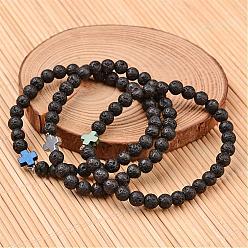 Black Cross Natural Lava Rock Beaded Stretch Bracelets, with Non-magnetic Hematite Beads, Black, 54mm