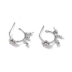 Platinum Brass Clear Cubic Zirconia Stud Earring Findings, with Three Cup Peg Bails and 925 Sterling Silver Pins, Half Ring with Flower, Platinum, 25x8mm, Pin: 0.8mm