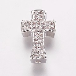 Platinum Brass Cubic Zirconia Beads, Cross, Clear, Platinum, 14x9x3.5mm, Hole: 1mm