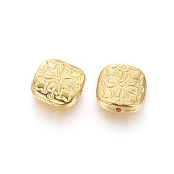 Golden Tibetan Style Alloy Beads, Cadmium Free & Nickel Free & Lead Free, Square with Flower, Golden, 10.5x10.5x3.5mm, Hole: 1.5mm