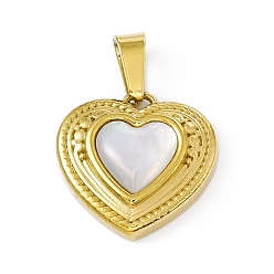Oro Colgantes de concha natural, encantos del corazón, con chapado al vacío 304 fornituras de acero inoxidable, dorado, 15x15x4 mm, agujero: 6x3 mm