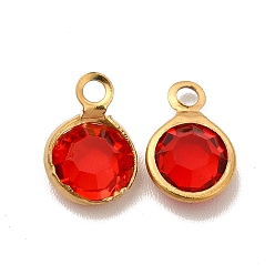 Red Ion Plating(IP) 304 Stainless Steel with Glass Charms, Real 18K Gold Plated, Faceted Flat Round, Red, 9.5x6.5x2mm, Hole: 1.5mm