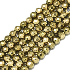Real 18K Gold Plated Electroplate Non-magnetic Synthetic Hematite Beads Strands, Round, Faceted, Real 18K Gold Plated, 3mm, Hole: 0.8mm, about 120pcs/Strand, 15.75 inch(40cm)