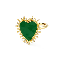 Verde Anillo de sello con corazón esmaltado ajustable, joyas de latón chapado en oro real 18k para mujer, sin plomo y el cadmio, verde, diámetro interior: 17 mm