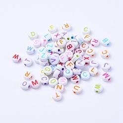 Mixed Color Acrylic Horizontal Hole Letter Beads, Craft Style, Flat Round, Mixed Color, about 7mm in diameter, 3mm thick, hole: 1.5mm, 4550pcs/500g