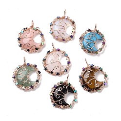 Mixed Stone Natural & Synthetic Stone Big Pendants, with Rose Gold Tone Rack Plating Brass Findings and Star Non-magnetic Synthetic Hematite, Cadmium Free & Lead Free, Flat Round with Moon Charm, Mixed Dyed and Undyed, 56~58x42.5~45x10~10.5mm, Hole: 5mm