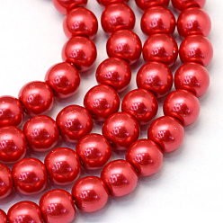 Carmesí Bicarbonato de vidrio pintado nacarado perla hebras grano redondo, carmesí, 4~5 mm, agujero: 1 mm, sobre 210 unidades / cadena, 31.4 pulgada