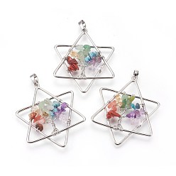 Platinum Natural & Synthetic Mixed Gemstone Chakra Big Pendants, with Brass Findings, for Jewish, Star of David, Platinum, 52x43x6mm