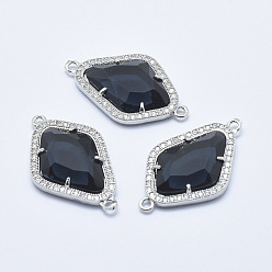 Black Brass Micro Pave Cubic Zirconia Links, with Glass, Faceted, Rhombus, Platinum, Black, 33x20x5mm, Hole: 1.6mm