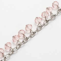 Pink Chaînes de perles de verre rondelles facettées faites main pour colliers fabrication de bracelets, avec des chaînes de câble en fer et une épingle à oeil, non soudée, rose, 39.3, sur 94 pcs / brin