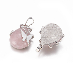 Rose Quartz Natural Rose Quartz Pendants, with Enamel and Brass Findings, teardrop, with Butterfly, Platinum, 30x23.5x12mm, Hole: 10x6mm