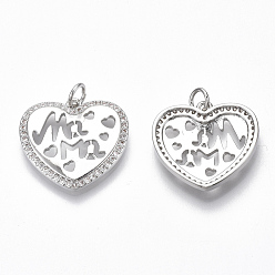 Real Platinum Plated Brass Micro Pave Clear Cubic Zirconia Pendants, for Mother's Day, Heart with Word MaMa, Nickel Free, Real Platinum Plated, 19x20x3mm, Hole: 3mm