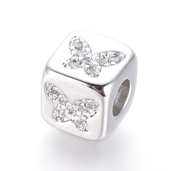Platinum Brass Beads, with Micro Pave Cubic Zirconia, Cube with Butterfly, Clear, Platinum, 6x6x6mm, Hole: 3mm