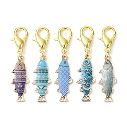 Mixed Color Fish Alloy Enamel Pendant Decorations, with Zinc Alloy Lobster Claw Clasps, Mixed Color, 44mm, Pendants: 27x10.5x2mm