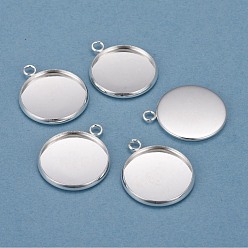 Silver 304 Stainless Steel Pendant Cabochon Settings, Plain Edge Bezel Cups, Flat Round, Silver, Tray: 18mm, 24x20x2mm, Hole: 2.2mm