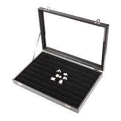 Black Imitation Leather and Wood Rings Display Boxes, with Glass, Rectangle, Black, 24x35x4.5cm