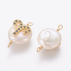 Aries Natural Pearl Links connectors, with Brass Micro Pave Cubic Zirconia Findings, Flat Round with Constellation, Golden, Marine Blue, Aries, 20~26x9~17x5~11mm, Hole: 1.6mm