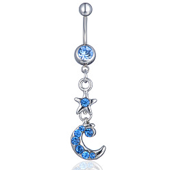 Sapphire Rhinestone Moon & Star Dangle Belly Ring, Alloy Navel Ring with 316L Surgical Stainless Steel Bar for Women Piercing Jewelry, Sapphire, 53x10mm