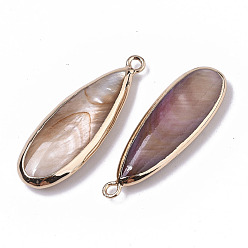 Bisque Natural Freshwater Shell Pendants, with Iron Loops, Edge Golden Plated, Dyed, Teardrop, Bisque, 31~33x10.5~12x5mm, Hole: 1.8mm
