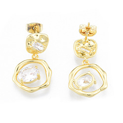 Real 18K Gold Plated Clear Cubic Zirconia Ring Stud Earrings, Brass Dangle Earring for Women, Nickel Free, Real 18K Gold Plated, 25mm, Pin: 0.8mm