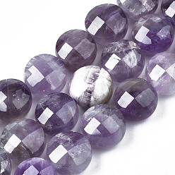 Amethyst Natural Amethyst Beads Strands, Faceted, Flat Round, 9.5~10.5x10x7mm, Hole: 0.7~0.8mm, about 38pcs/strand, 14.88 inch(37.8cm)