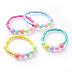 Mixed Color Kids Stretch Bracelets, with Polymer Clay Heishi Beads and Solid Chunky Bubblegum Acrylic Ball Beads, Mixed Color, 1-3/4 inch(4.5cm)