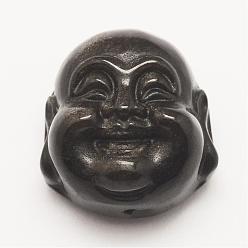Obsidienne Pendentifs d'obsidienne à bruyère dorée naturelle, tête de bouddha, 20x19x12.5mm, Trou: 1.5mm