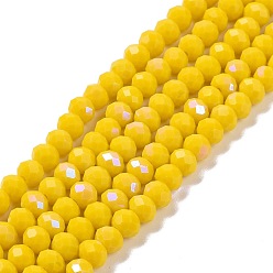 Yellow Electroplate Opaque Solid Color Glass Beads Strands, Half Rainbow Plated, Faceted, Rondelle, Yellow, 6x5mm, Hole: 1mm, about 85~88pcs/strand, 16.1~16.5 inch(41~42cm)