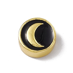 Black Real 18K Gold Plated Brass Enamel Beads, Long-Lasting Plated, Cadmium Free & Lead Free, Flat Round with Moon, Black, 11x4.5mm, Hole: 1.8mm
