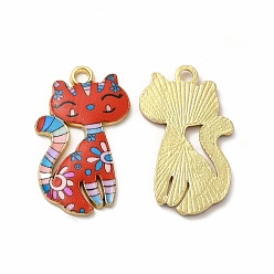 Red Printed Alloy Pendants, Lead Free & Cadmium Free & Nickel Free, Cat Charm, Golden, Red, 26x17x2mm, Hole: 2mm