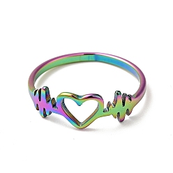 Rainbow Color Ion Plating(IP) 201 Stainless Steel Heart Beat Finger Ring for Valentine's Day, Rainbow Color, US Size 6 1/2(16.9mm)